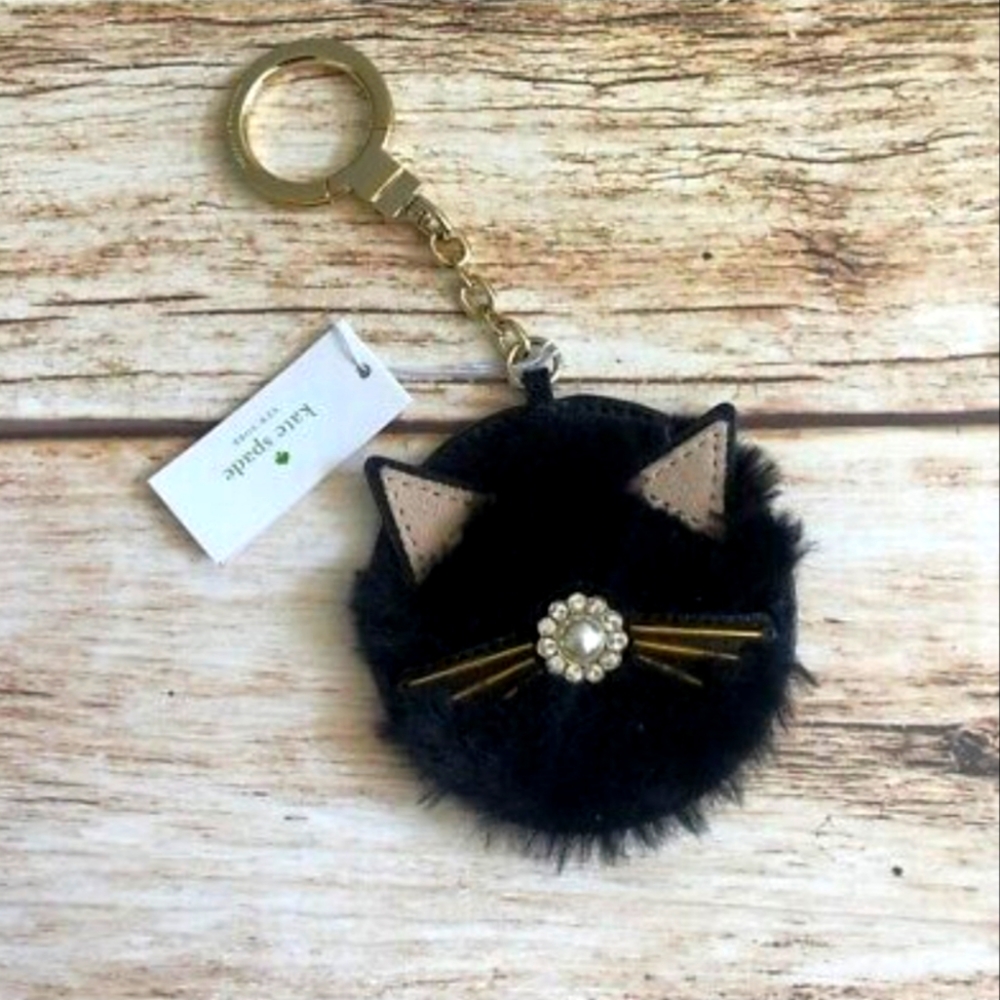 Kate Spade Cat Pouf Keychain Key Fob Blk Leather - Picture 1 of 3